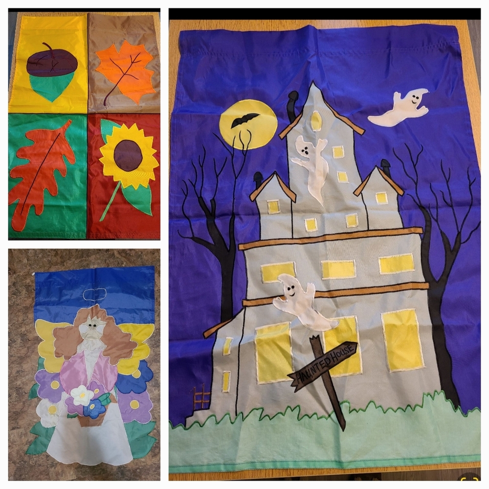 Set of Three Garden Yard Flags - Angel, Fall Leaves and Halloween Haunted House